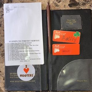 Hooters waitress book with Kelly name tags